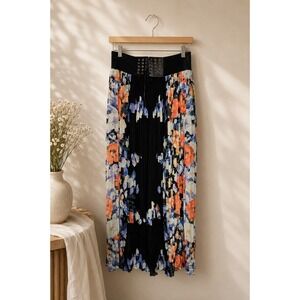 Floral Pleated Midi‎ Skirt XL Black Corset Waist Boho Witchy Romantic Goth XL